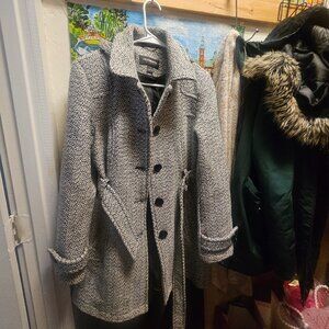 LIZ CLAIBORNE Pea Coat Black / White Wool Blend Double Breasted - Small